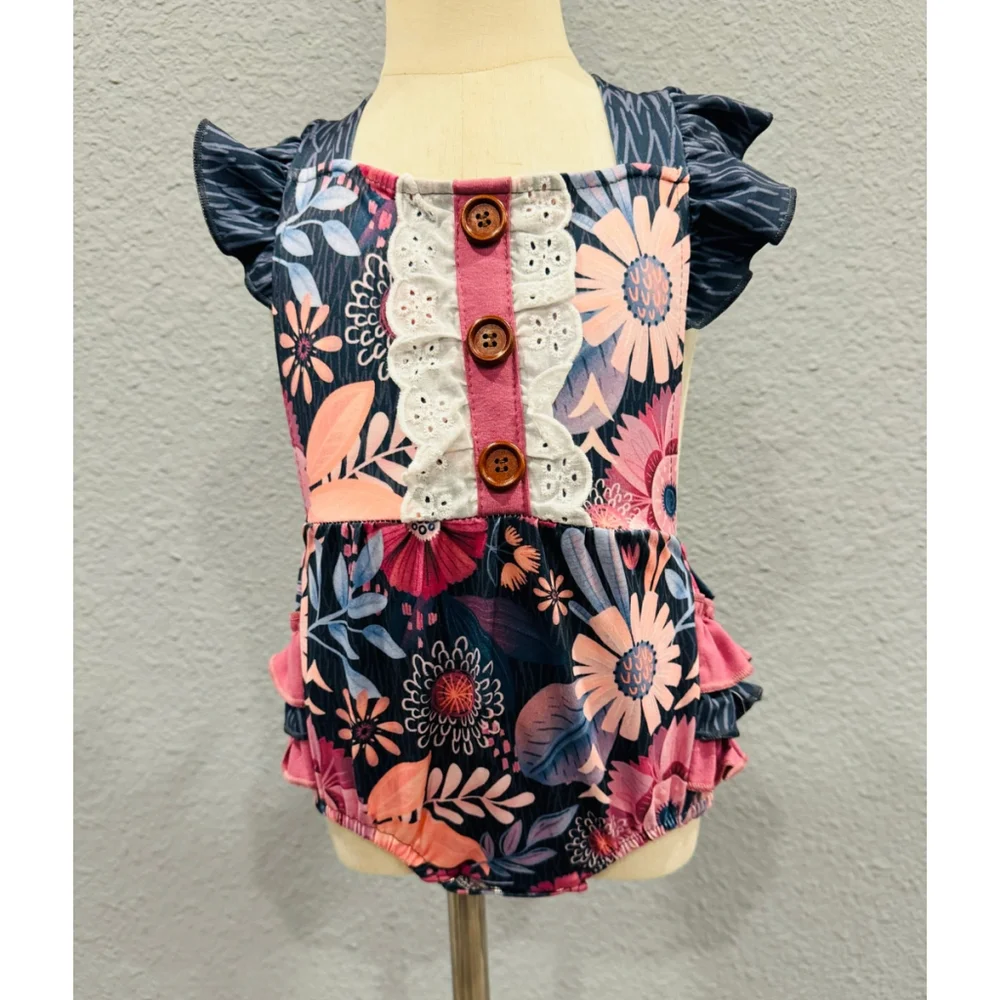 Wellington Designs Girls Purple Tropical Bubble Romper, Sz 18/24 NWT